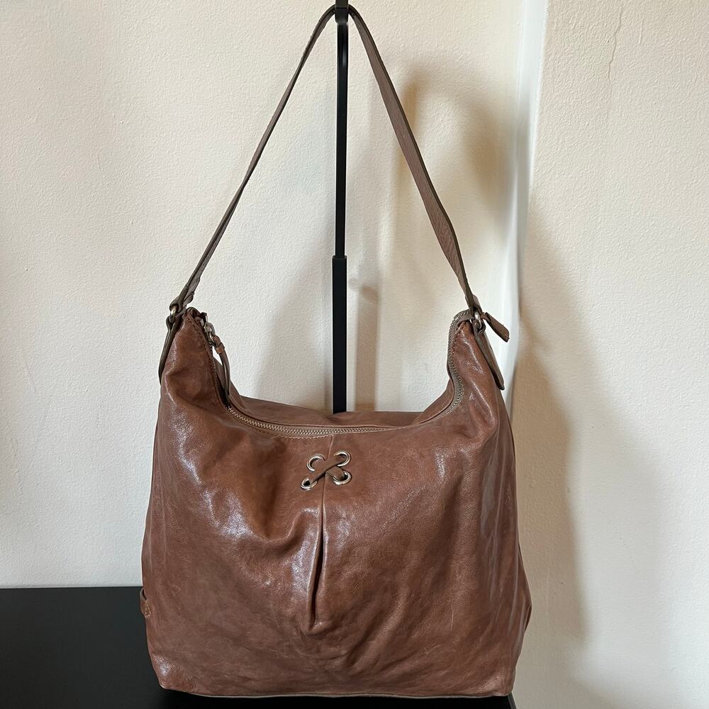 Cole Haan Large Slouchy Zippered Hobo Lace Up Accent Shoulder Bag Brown